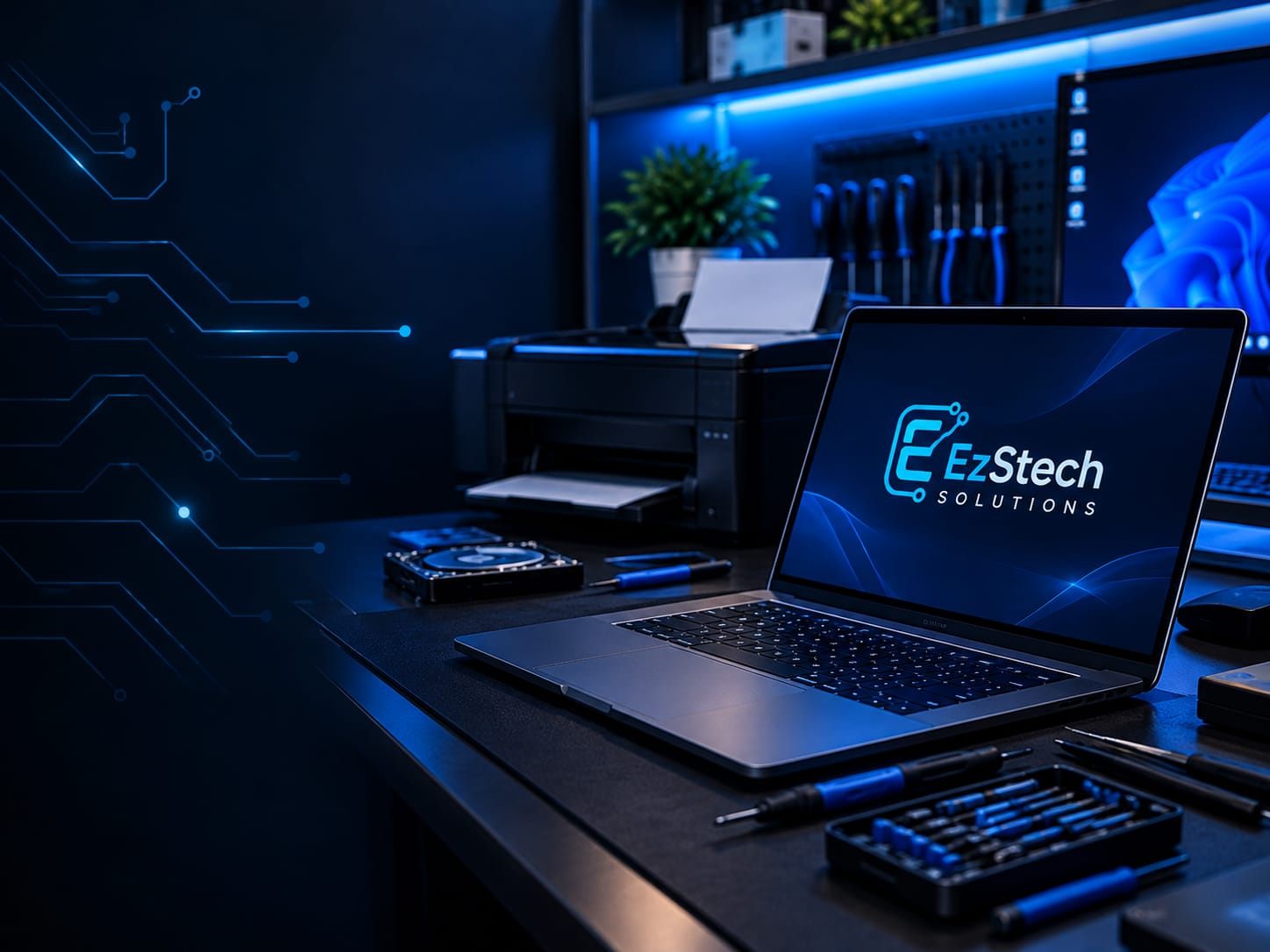 Laptop con el logo de EzStech Solutions sobre un escritorio de trabajo con impresora, herramientas y disco duro